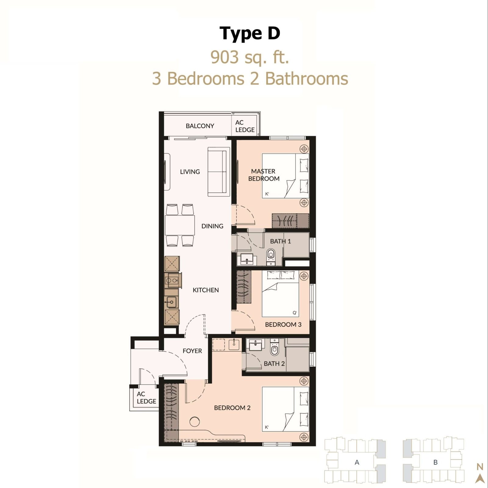 Type D floor plan for the 903 sq. ft. home