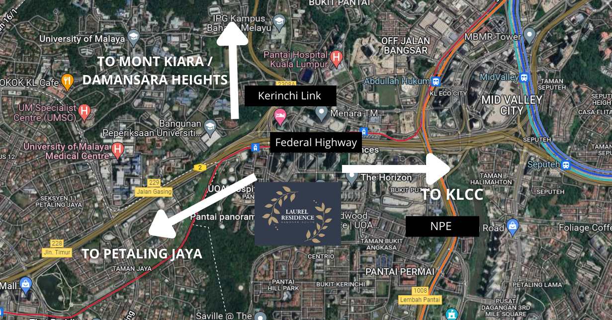 Map showing Bangsar South connections toward Kuala Lumpur and Petaling Jaya