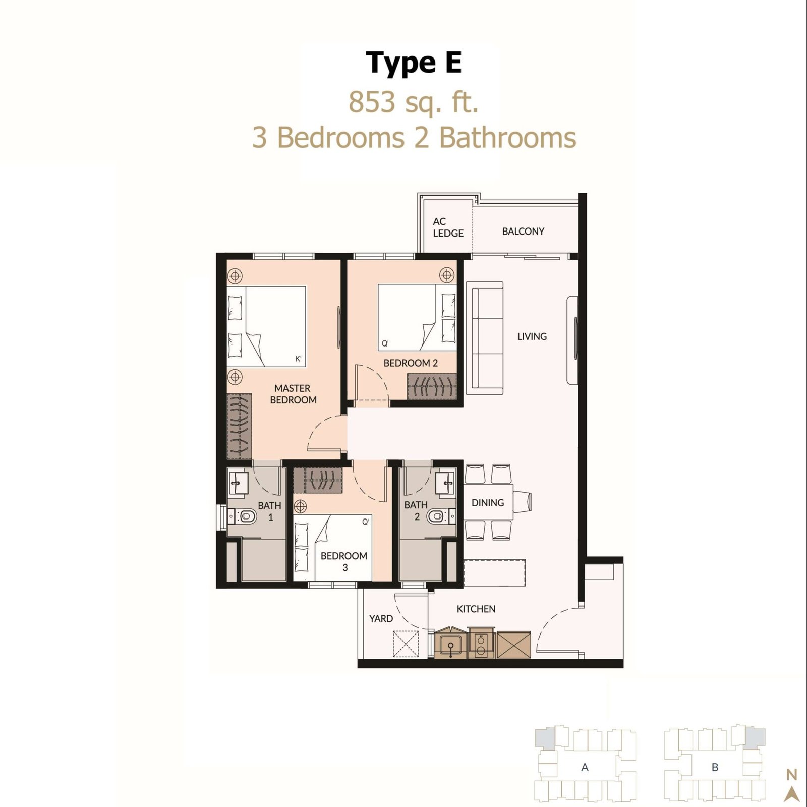 Type E floor plan for the 853 sq. ft. home