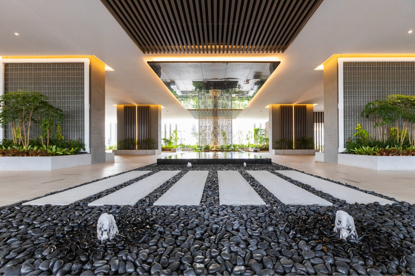 Zen-inspired completed common area at Laurel Residence